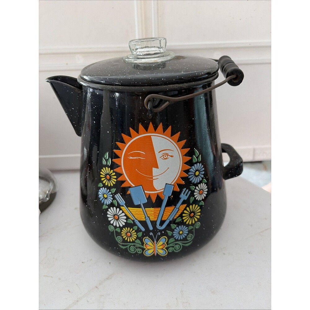 Rare Vintage Sun & Moon Speckled Enamel Stovetop Coffee percolator Folk